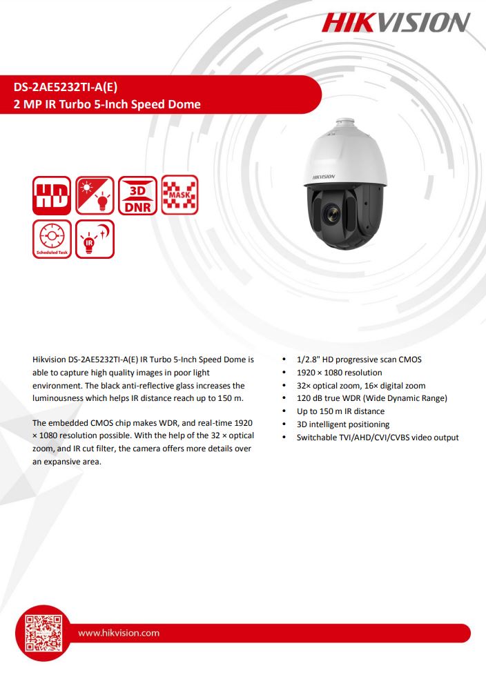 HIKVISION DS-2AE5232TI-A(E) with brackets 5" 2MP 32X Powered by DarkFighter IR Analog Speed Dome