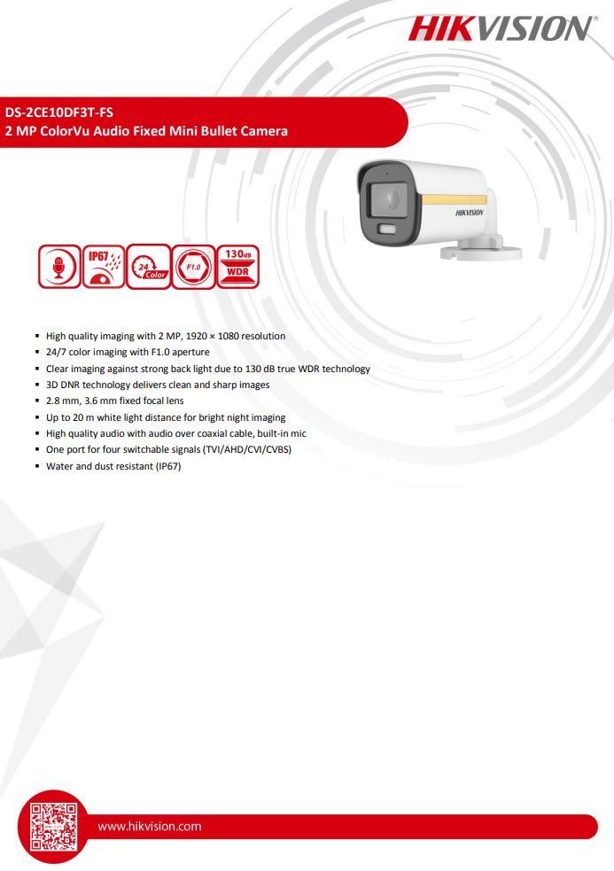HIKVISION DS-2CE10DF3T-FS 2MP ColorVu Audio Fixed Mini Bullet Camera