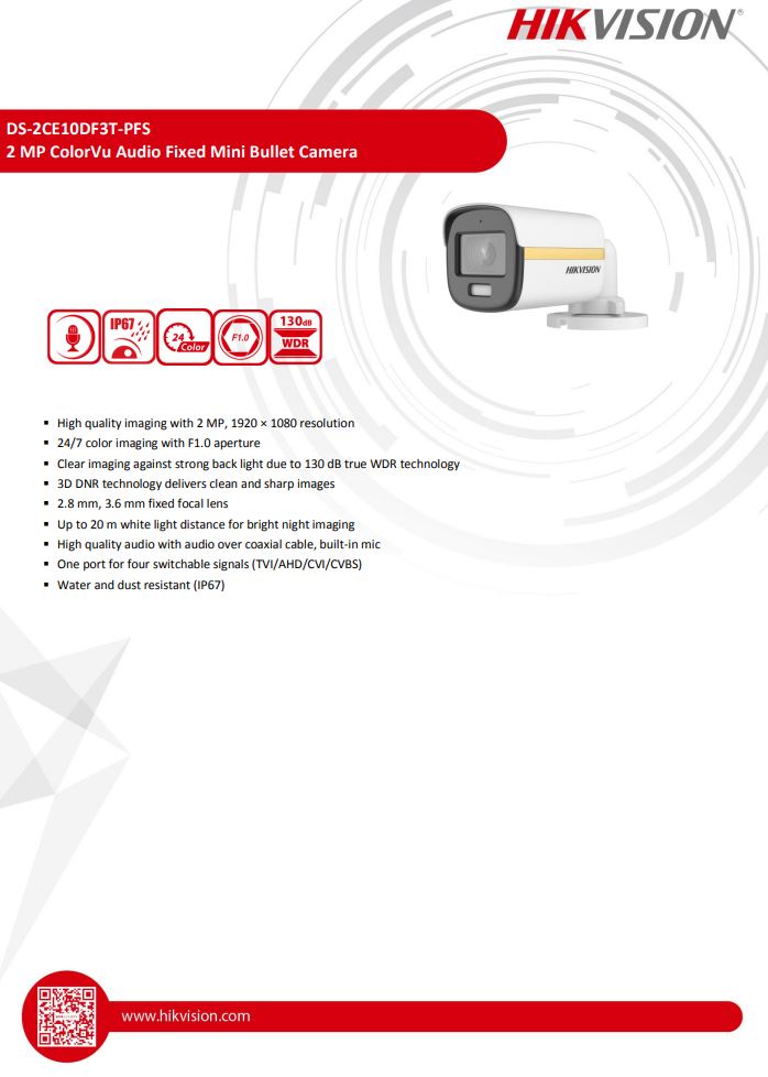 HIKVISION DS-2CE10DF3T-PFS 2MP ColorVu Audio Fixed Mini Bullet Camera