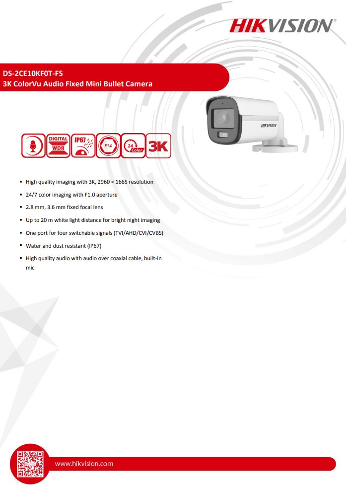 HIKVISION DS-2CE10KF0T-FS 3K ColorVu Audio Fixed Mini Bullet Camera
