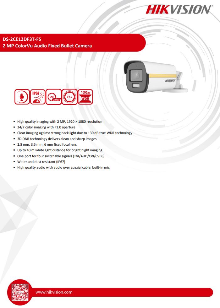 HIKVISION DS-2CE12DF3T-FS 2MP ColorVu Audio Fixed Bullet Camera