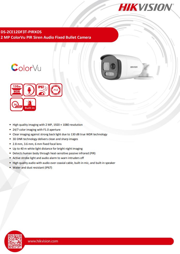HIKVISION DS-2CE12DF3T-PIRXOS 2MP ColorVu PIR Siren Audio Fixed Bullet Camera