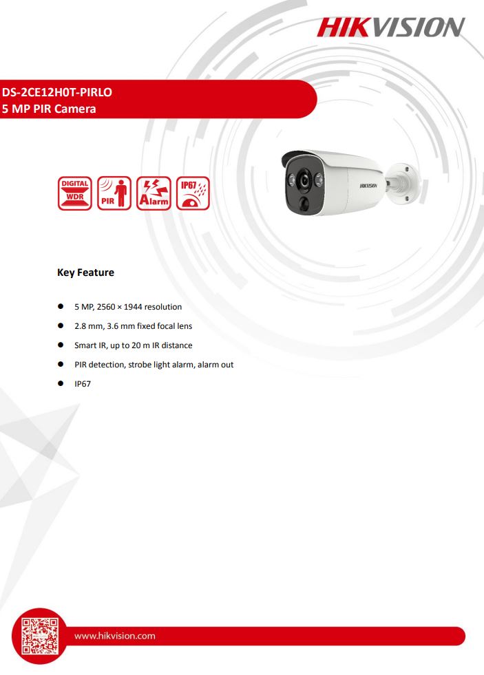 HIKVISION DS-2CE12H0T-PIRLO 5MP PIR Fixed Bullet Camera