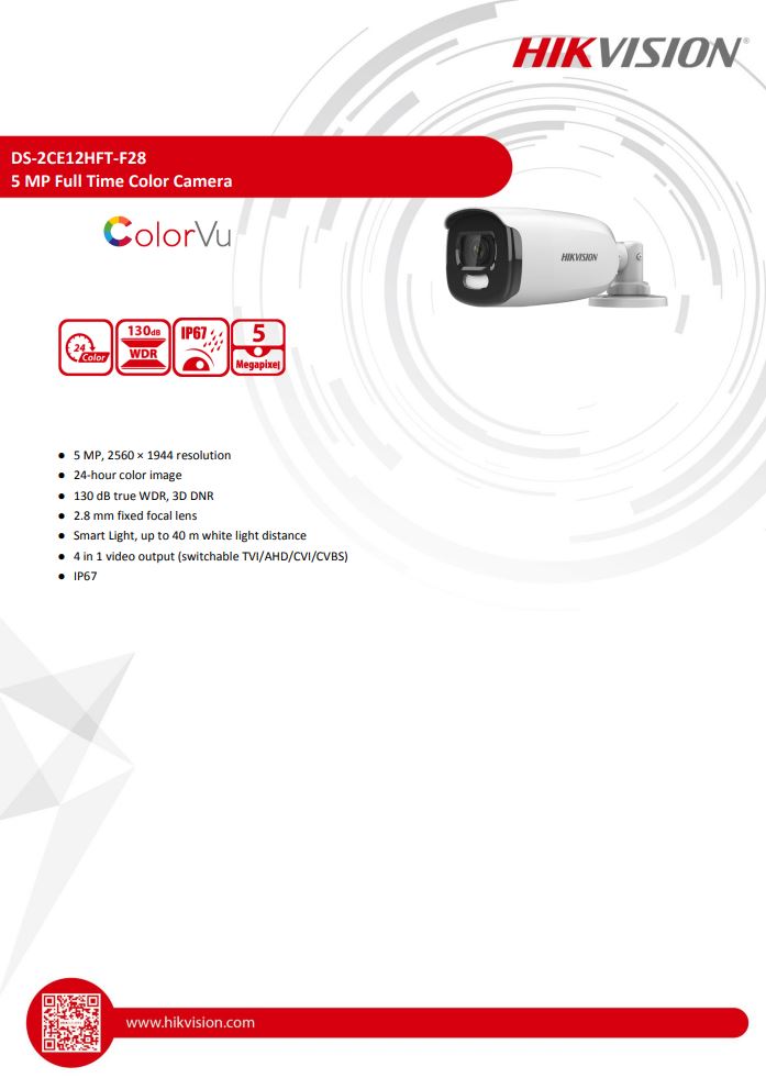 HIKVISION DS-2CE12HFT-F28 5MP ColorVu Fixed Bullet Camera