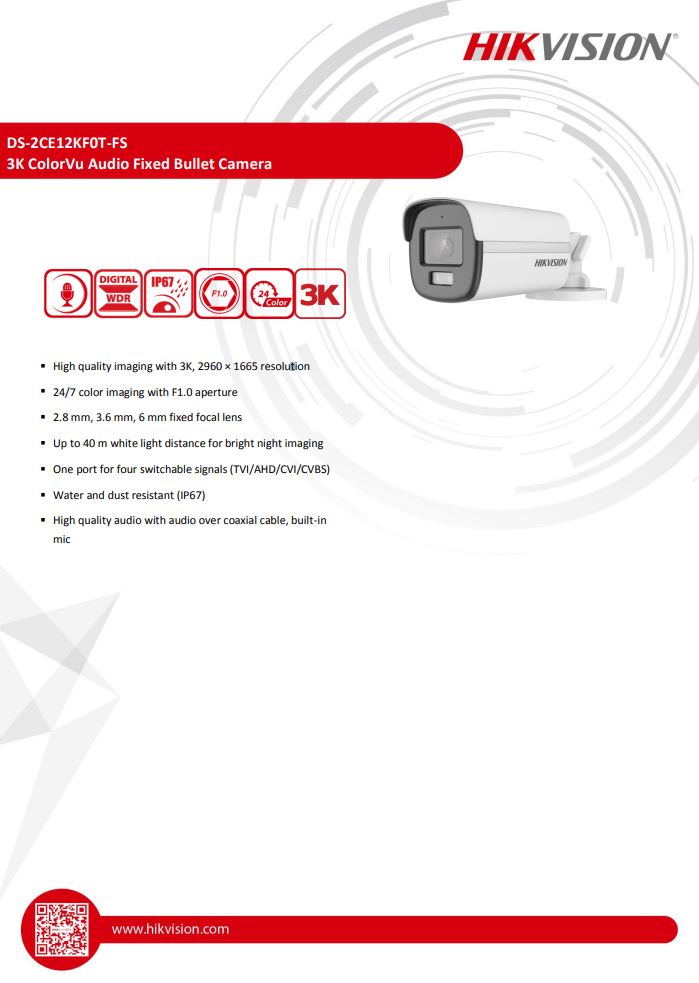 HIKVISION DS-2CE12KF0T-FS 3K ColorVu Audio Fixed Bullet Camera