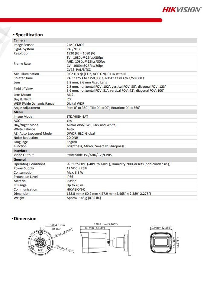 HIKVISION DS-2CE16D0T-EXIPF 2MP EXIR Mini Bullet Camera (Plastic)