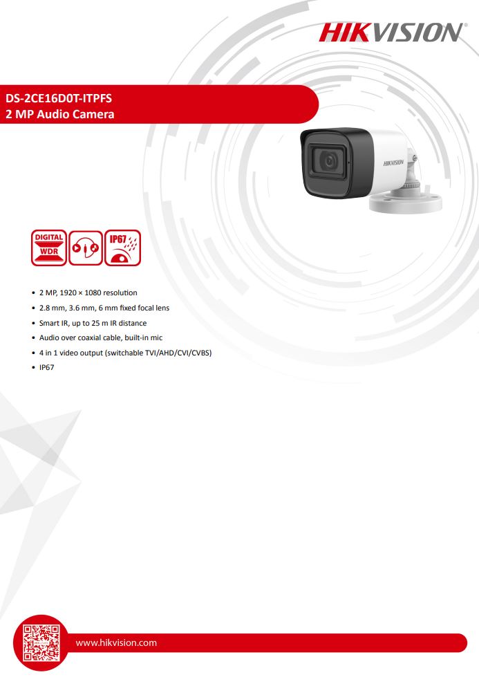 HIKVISION DS-2CE16D0T-ITPFS 2MP Audio Fixed Mini Bullet Camera