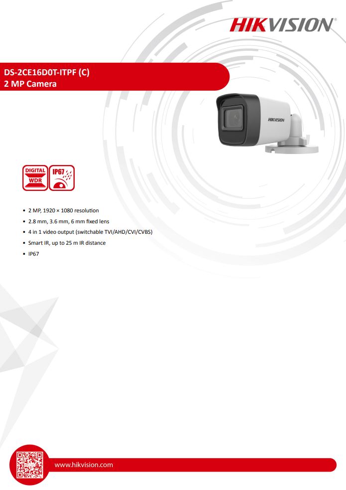 HIKVISION DS-2CE16D0T-ITPF(C) 2MP IR EXIR Mini Bullet Camera (Plastic)