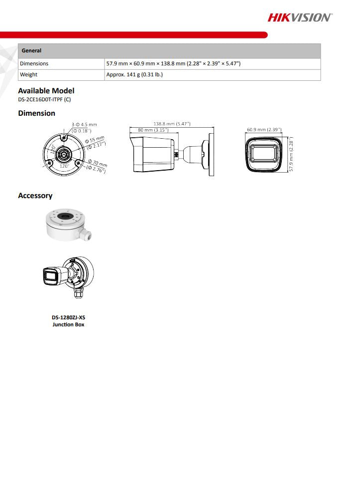 HIKVISION DS-2CE16D0T-ITPF(C) 2MP IR EXIR Mini Bullet Camera (Plastic)