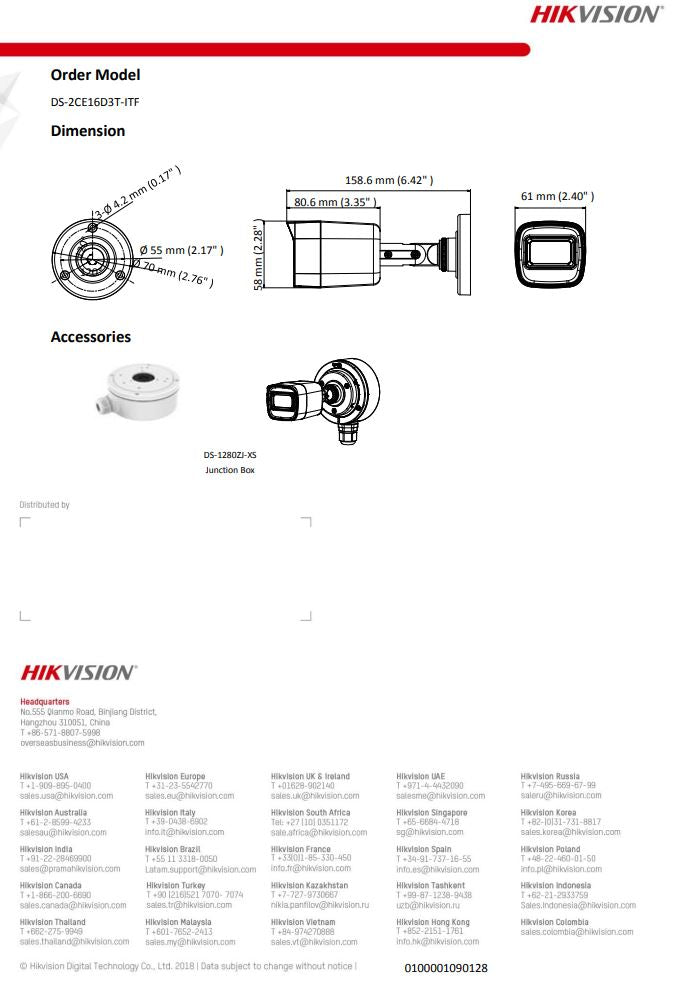 HIKVISION DS-2CE16D3T-ITF 2MP Ultra Low Light Fixed Mini Bullet Camera