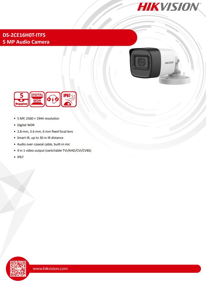 HIKVISION DS-2CE16H0T-ITFS 5MP Audio Fixed Mini Bullet Camera