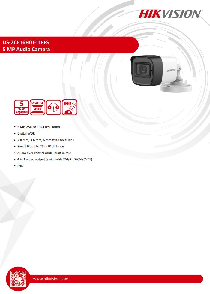 HIKVISION DS-2CE16H0T-ITPFS 5MP Audio Fixed Mini Bullet Camera