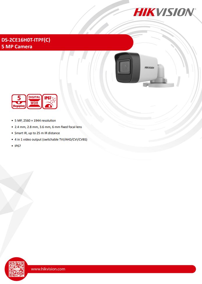 HIKVISION DS-2CE16H0T-ITPF(C) 5MP Fixed Mini Bullet Camera