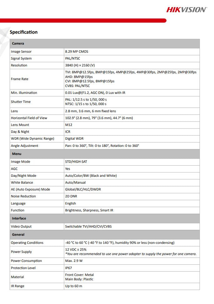 HIKVISION DS-2CE16U0T-IT3F 4K Fixed Bullet Camera