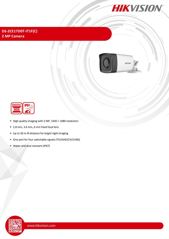 HIKVISION DS-2CE17D0T-IT1F(C) 2MP EXIR Fixed Bullet Camera