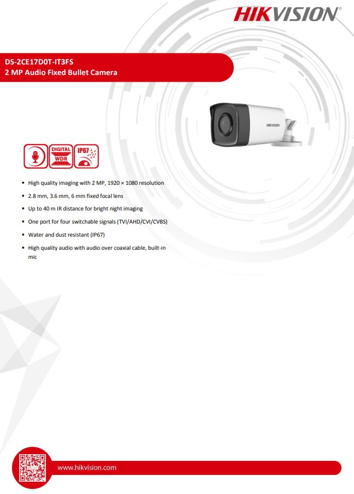 HIKVISION DS-2CE17D0T-IT3FS 2MP Audio Fixed Bullet Camera