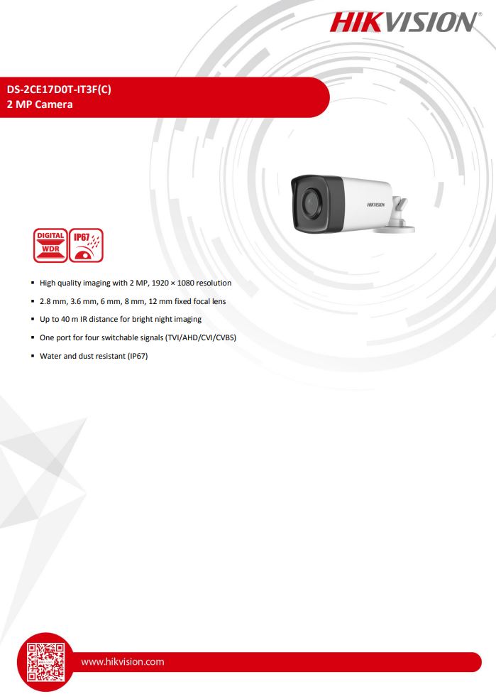 HIKVISION DS-2CE17D0T-IT3F(C) 2MP EXIR Fixed Bullet Camera