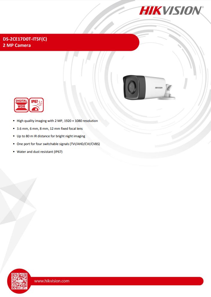 HIKVISION DS-2CE17D0T-IT5F(C) 2MP EXIR Fixed Bullet Camera