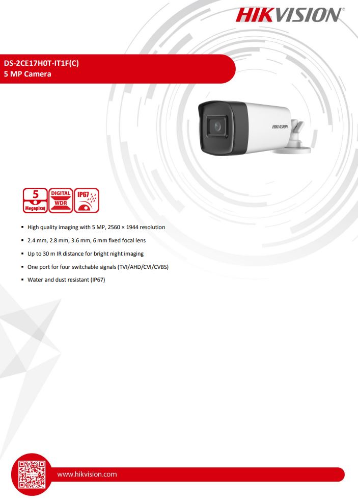 HIKVISION DS-2CE17H0T-IT1F(C) 5MP Fixed Bullet Camera