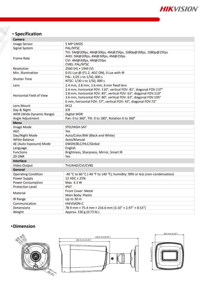 HIKVISION DS-2CE17H0T-IT1F(C) 5MP Fixed Bullet Camera