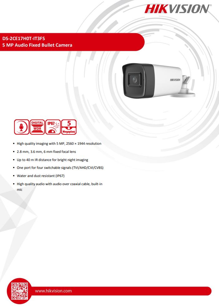 HIKVISION DS-2CE17H0T-IT3FS 5MP Audio Fixed Bullet Camera