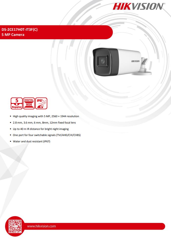 HIKVISION DS-2CE17H0T-IT3F(C) 5MP Fixed Bullet Camera