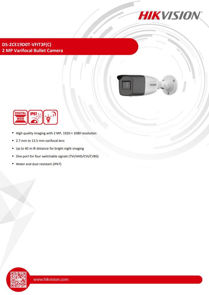 HIKVISION DS-2CE19D0T-VFIT3F(C) 2MP Manual Varifocal Bullet Camera