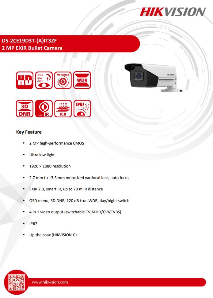 HIKVISION DS-2CE19D3T-AIT3ZF 2MP Ultra Low Light Motorized Varifocal Bullet Camera