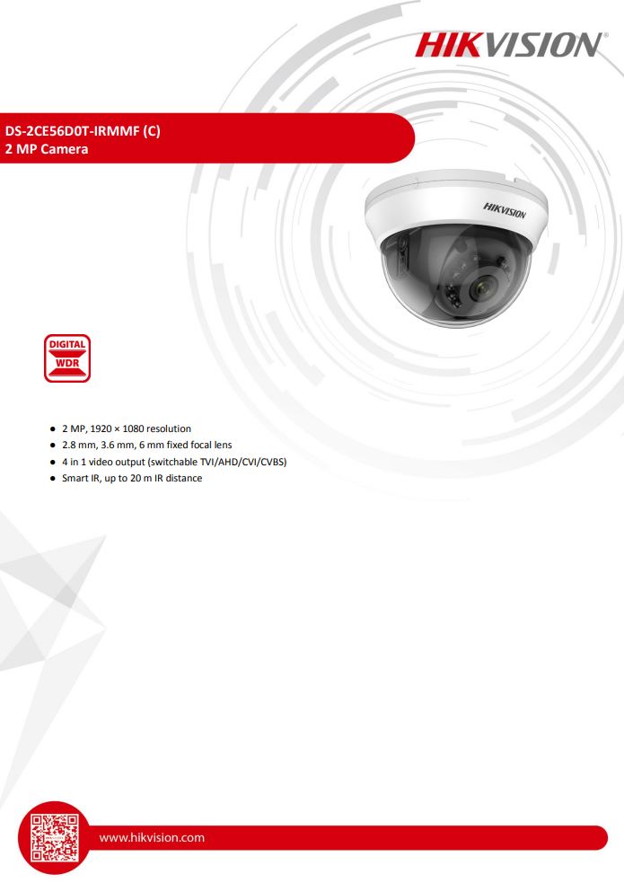 HIKVISION DS-2CE56D0T-IRMMF(C) 2MP Indoor Fixed Dome Camera