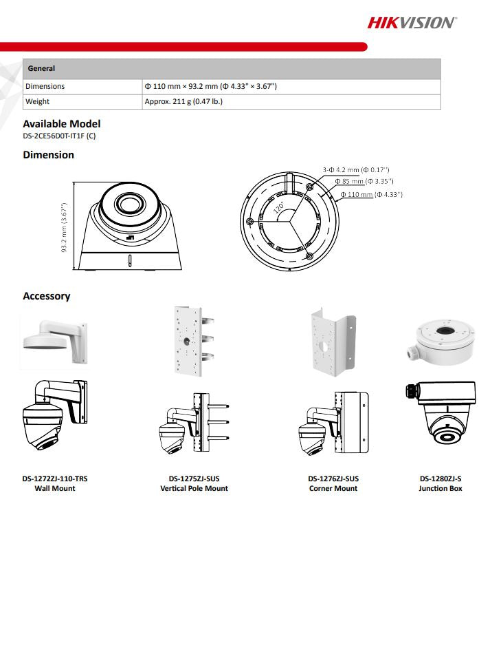 HIKVISION DS-2CE56D0T-IT1F(C) 2MP EXIR Fixed Turret Camera