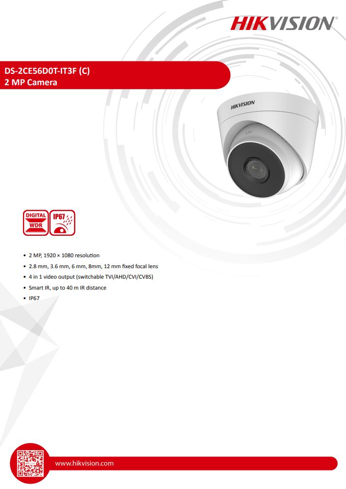 HIKVISION DS-2CE56D0T-IT3F(C) 2MP EXIR Fixed Turret Camera