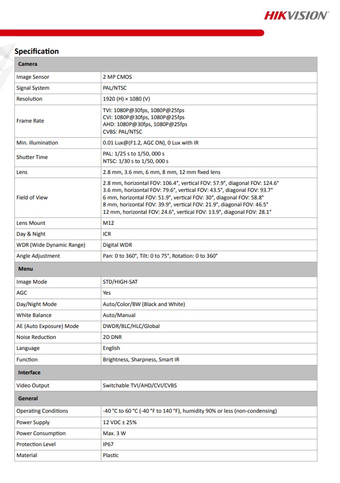 HIKVISION DS-2CE56D0T-IT3F(C) 2MP EXIR Fixed Turret Camera