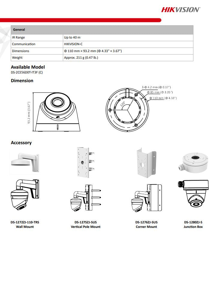 HIKVISION DS-2CE56D0T-IT3F(C) 2MP EXIR Fixed Turret Camera