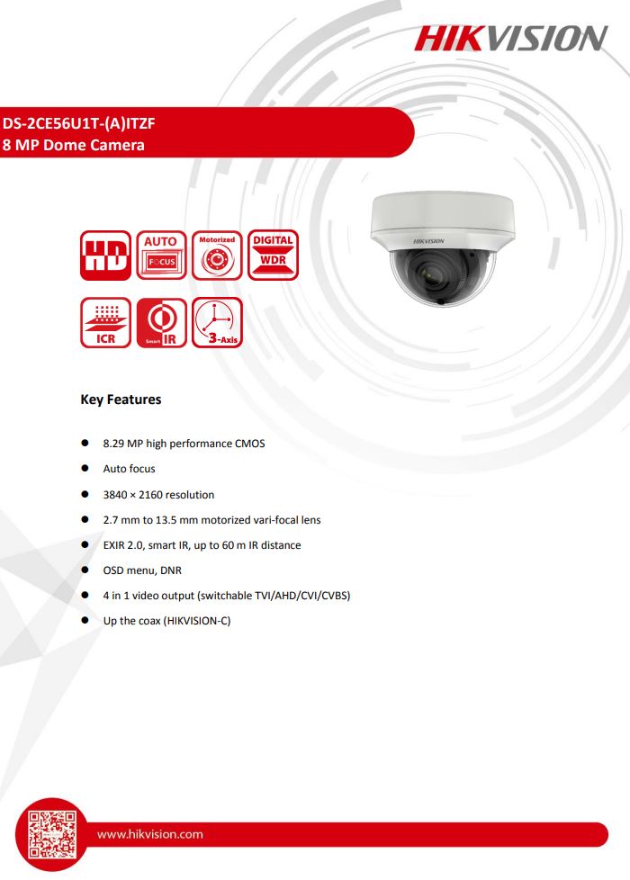 HIKVISION DS-2CE56U1T-AITZF 4K Indoor Motorized Varifocal Dome Camera