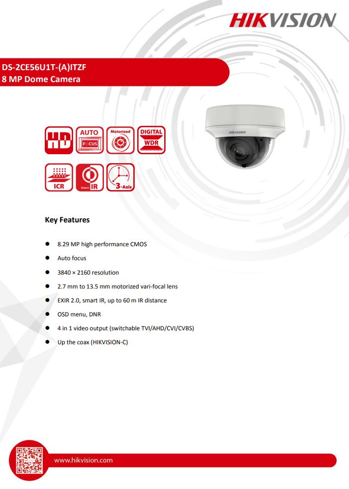 HIKVISION DS-2CE56U1T-ITZF 4K Indoor Motorized Varifocal Dome Camera