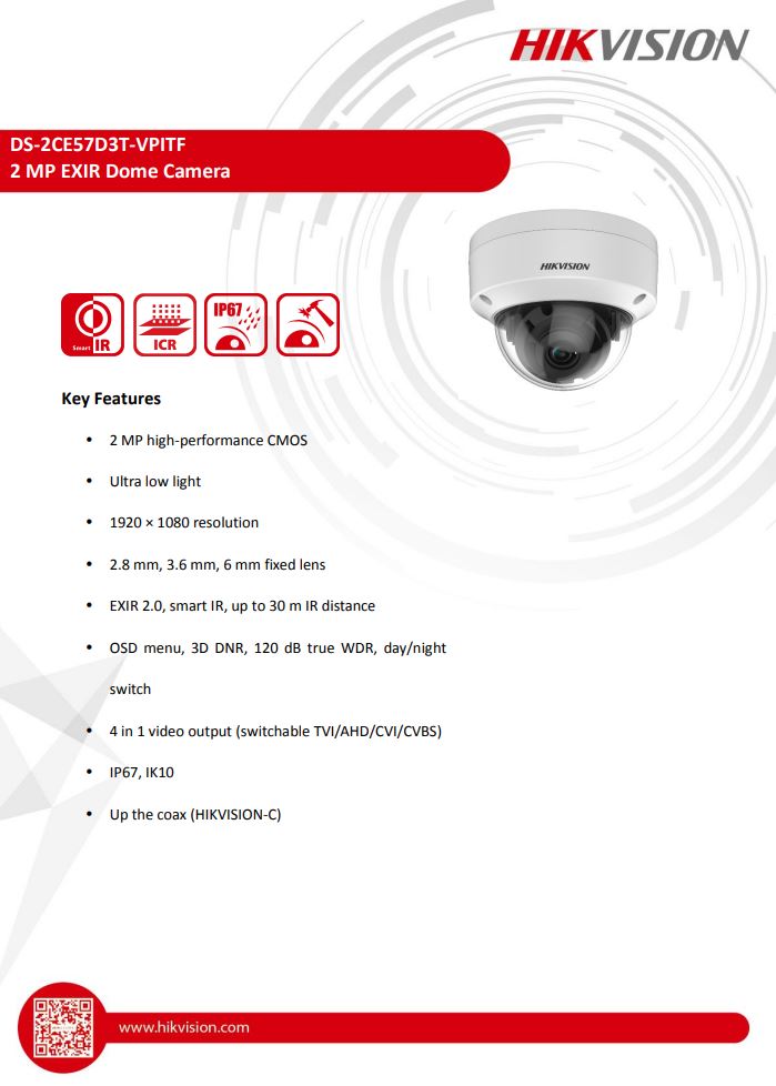 HIKVISION DS-2CE57D3T-VPITF 2MP Ultra Low Light Vandal Fixed Dome Camera