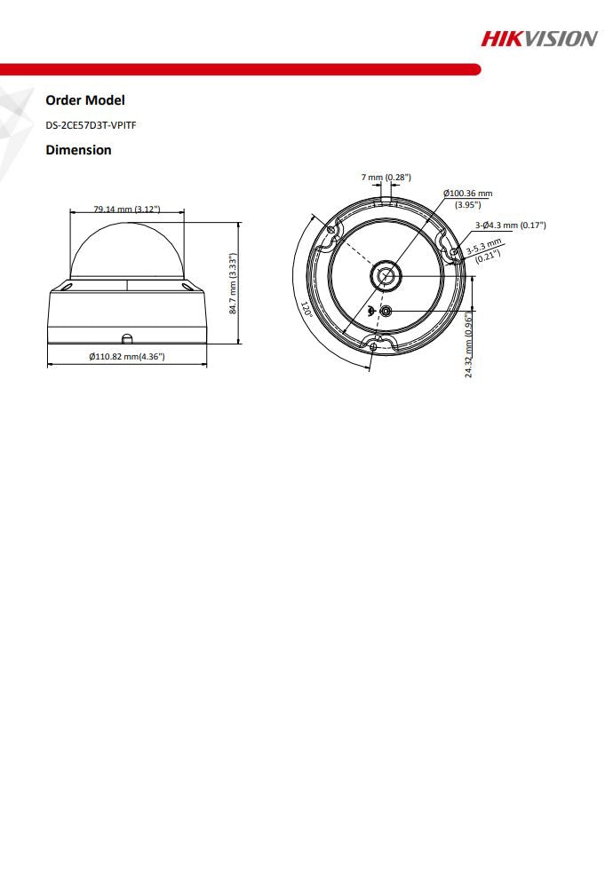 HIKVISION DS-2CE57D3T-VPITF 2MP Ultra Low Light Vandal Fixed Dome Camera