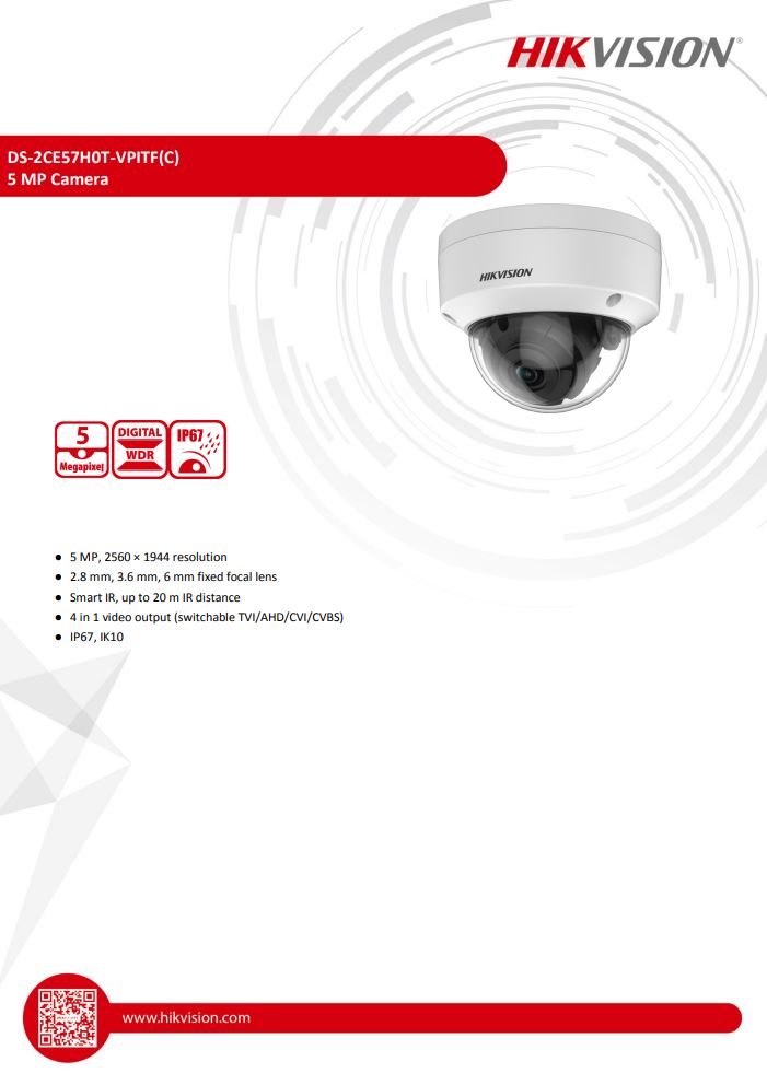 HIKVISION DS-2CE57H0T-VPITF(C) 5MP Vandal Fixed Dome Camera