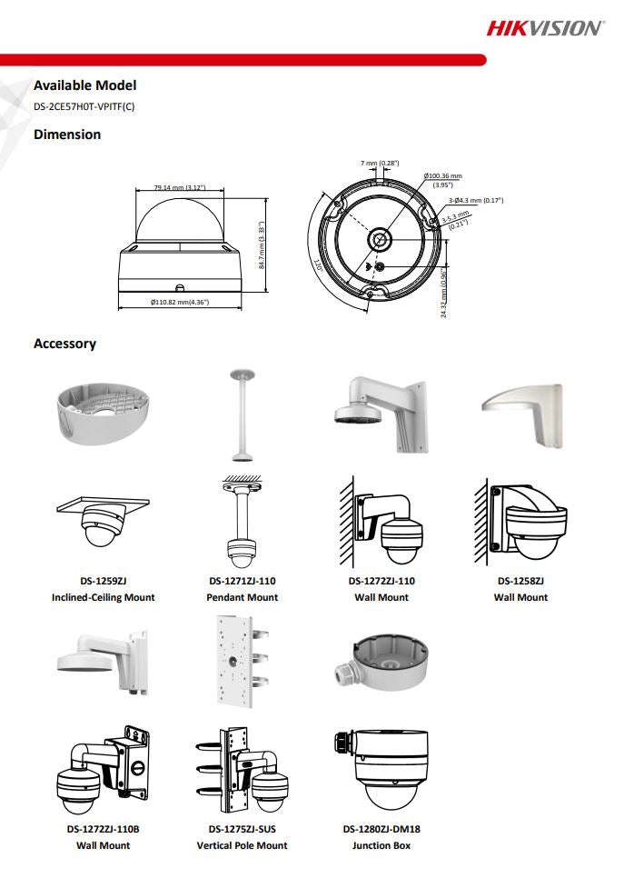 HIKVISION DS-2CE57H0T-VPITF(C) 5MP Vandal Fixed Dome Camera