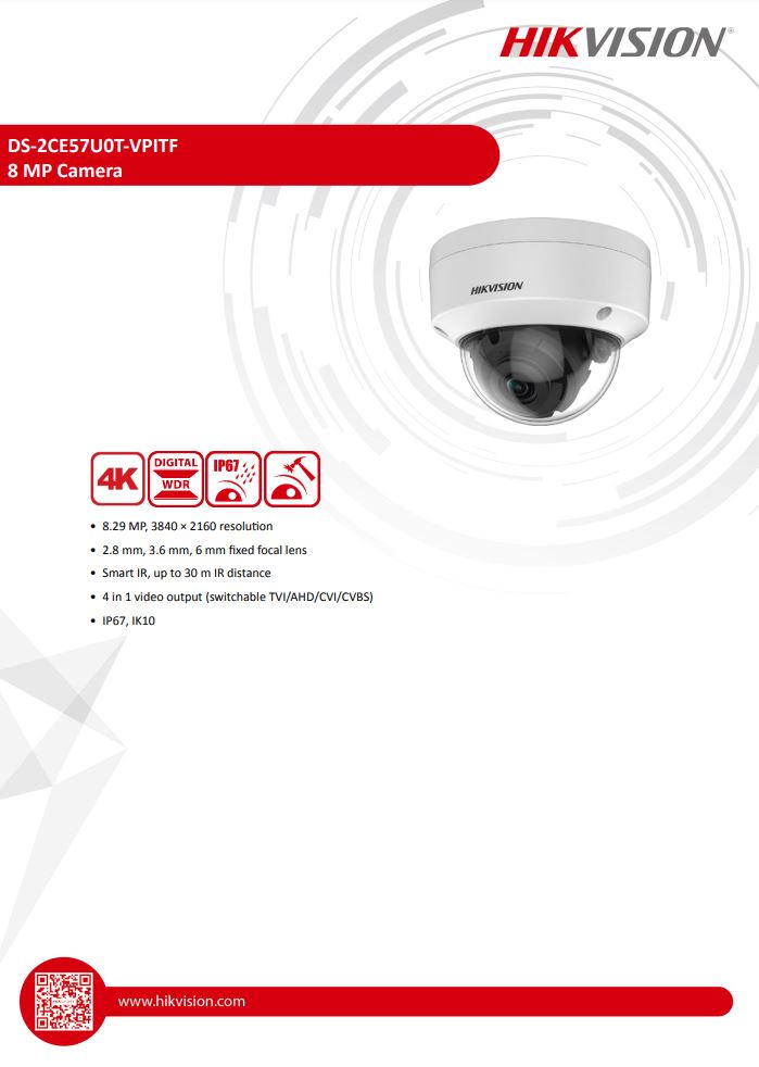 HIKVISION DS-2CE57U0T-VPITF 4K Vandal Fixed Dome Camera