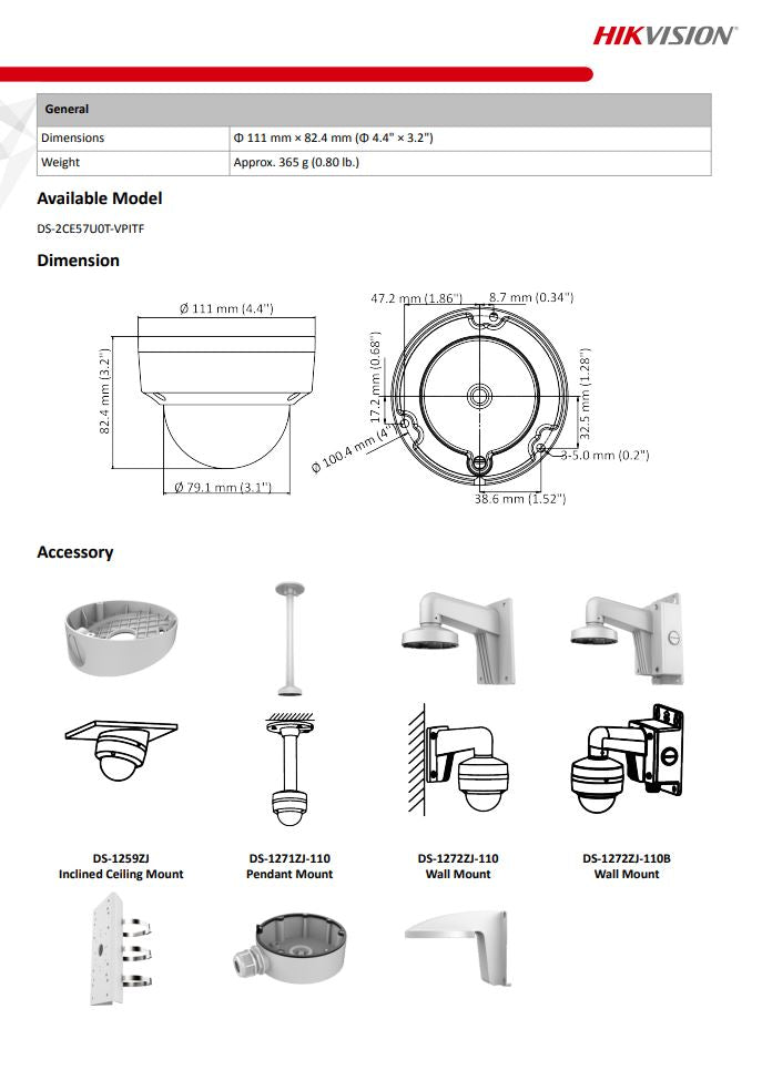 HIKVISION DS-2CE57U0T-VPITF 4K Vandal Fixed Dome Camera