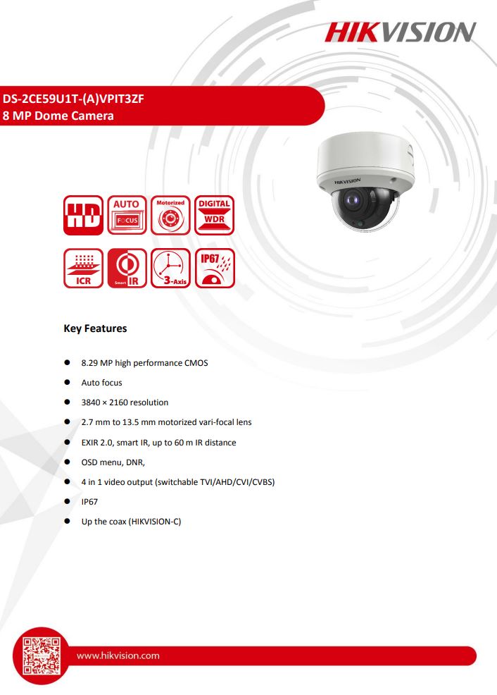 HIKVISION DS-2CE59U1T-AVPIT3ZF 4K Vandal Motorized Varifocal Dome Camera