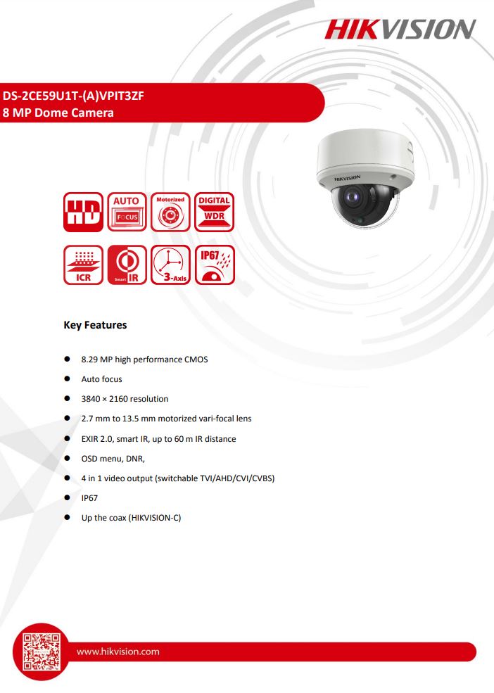 HIKVISION DS-2CE59U1T-VPIT3ZF 4K Vandal Motorized Varifocal Dome Camera