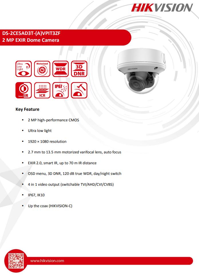 HIKVISION DS-2CE5AD3T-AVPIT3ZF 2MP Ultra Low Light Vandal Motorized Varifocal Dome Camera