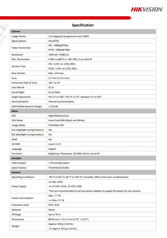 HIKVISION DS-2CE5AD3T-AVPIT3ZF 2MP Ultra Low Light Vandal Motorized Varifocal Dome Camera