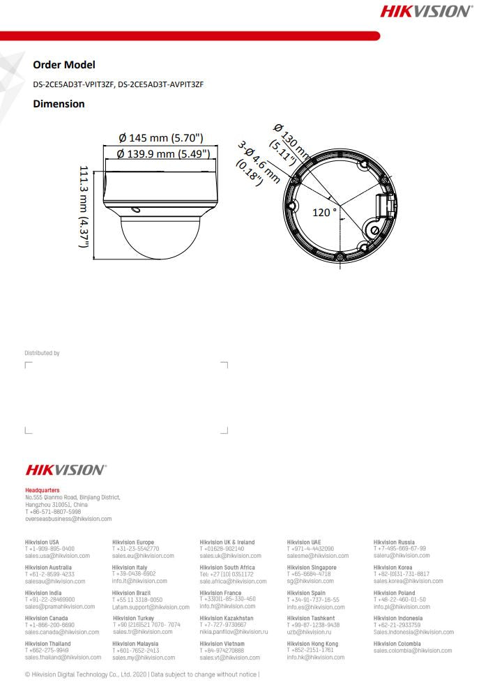 HIKVISION DS-2CE5AD3T-AVPIT3ZF 2MP Ultra Low Light Vandal Motorized Varifocal Dome Camera