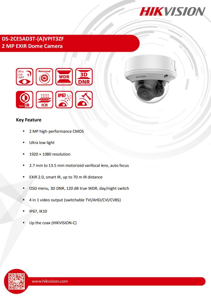 HIKVISION DS-2CE5AD3T-VPIT3ZF 2MP Ultra Low Light Vandal Motorized Varifocal Dome Camera