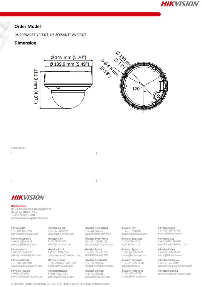 HIKVISION DS-2CE5AD3T-VPIT3ZF 2MP Ultra Low Light Vandal Motorized Varifocal Dome Camera