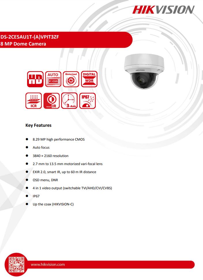 HIKVISION DS-2CE5AU1T-AVPIT3ZF 4K Vandal Motorized Varifocal Dome Camera