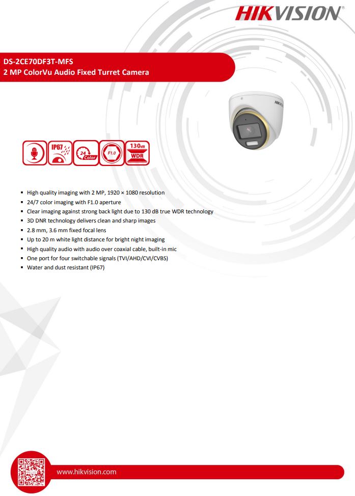 HIKVISION DS-2CE70DF3T-MFS 2MP ColorVu Indoor Audio Fixed Turret Camera